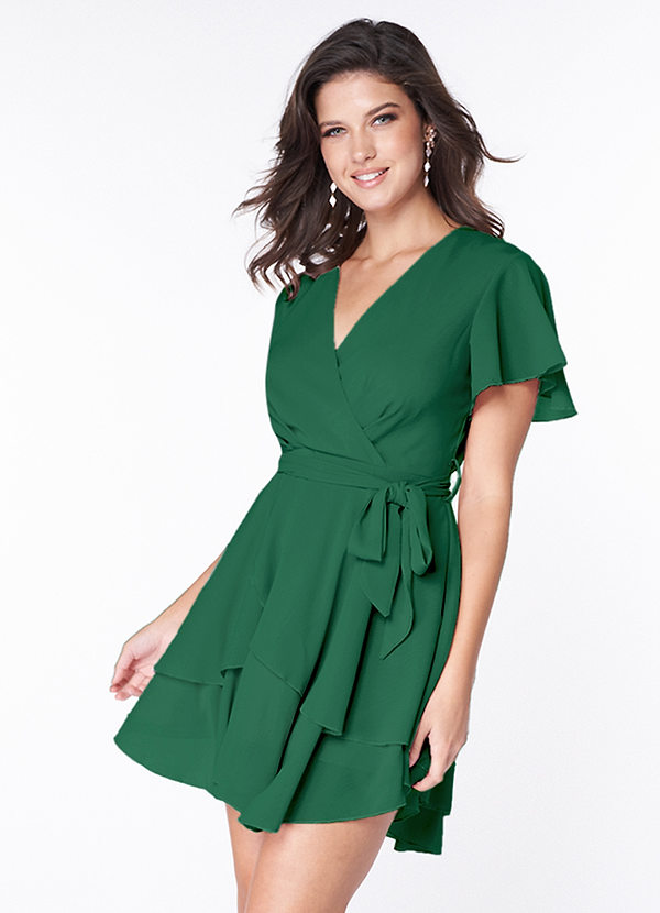 front Downright Darling Dark Emerald Ruffled Short Sleeve Mini Dress