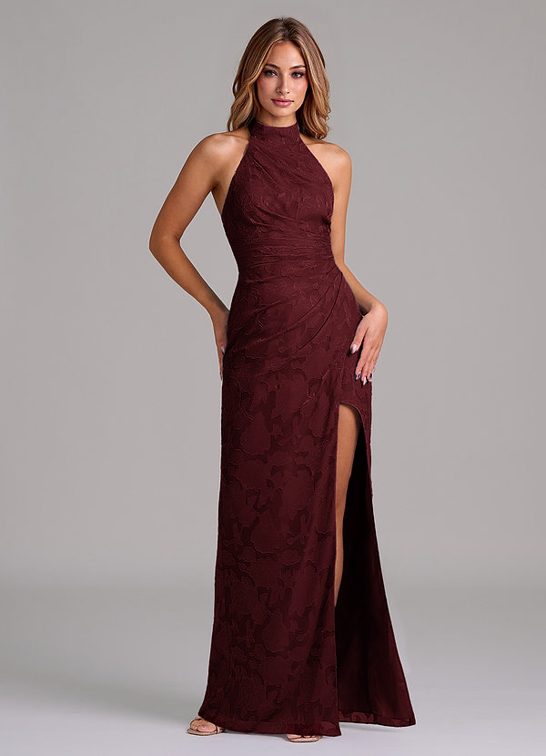 Azazie Jemma 신부 들러리 드레스 A라인 주름진 플로럴 번아웃 바닥 길이 드레스 image1