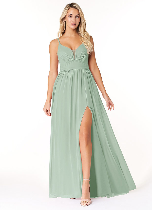 Azazie Rayna Bruidsmeisjes Jurken Jurk van Chiffon met A-Lijn V-hals geplooid Agave image1