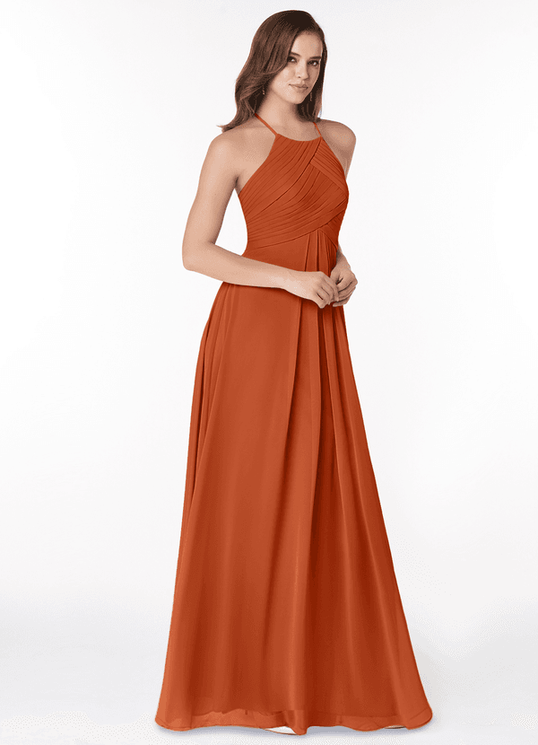 Azazie Ginger Bridesmaid Dresses Burnt Orange A-Line Halter Pleated Chiffon Dress image1