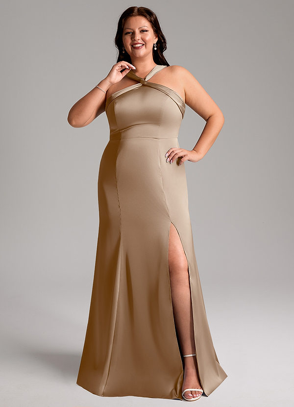 Azazie Rue Robes Demoiselle d'honneur Robe Trapèze en Satin extensible Plissée Taupe image1