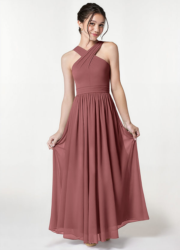 Azazie Jiya Junior Desert Rose A-Line Pleated Mesh Dress image1