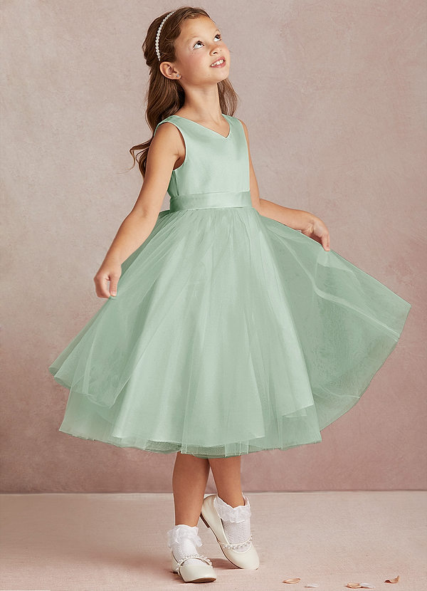 Azazie Marlee Flower Girl Dresses Agave A-Line Pleated Matte Satin Dress image1