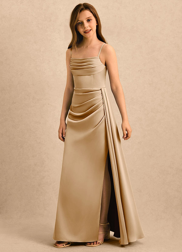 Azazie Shyla Girls Formal Sukienki dla dziewczynek sypiących kwiaty Osłona Pofałdowany Satyna elastyczna Długość podłogi Sukienka image1