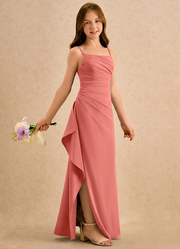 Azazie Cannoli Girls Formal Robes de cortège enfant Robe Trapèze en Mousseline de soie Plissé Rose Saumon image1