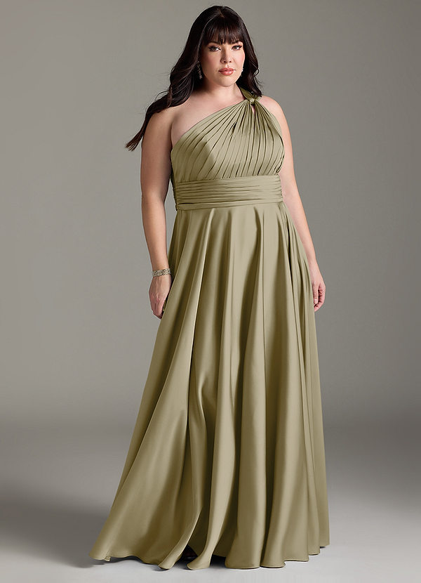 Azazie Charlize Robes Demoiselle d'honneur Robe Trapèze en Satin extensible Ue épaule Vert Mousse image1