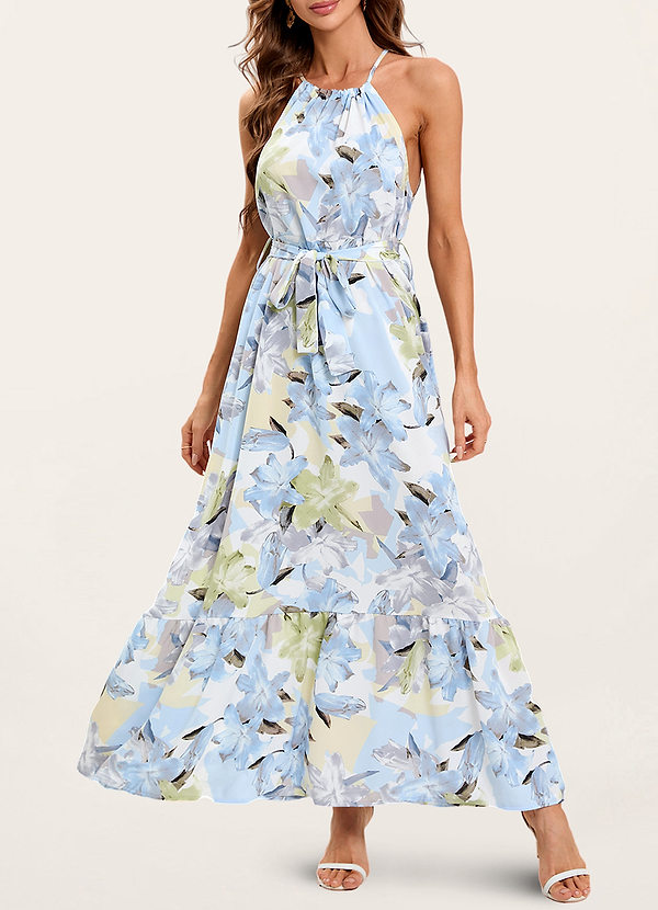 front Life Of Romance Light Blue Floral Print Ruffled Maxi Dress