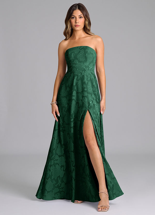 Azazie Wren Bridesmaid Dresses Dark Green A-Line Strapless Floral Burnout Dress image1