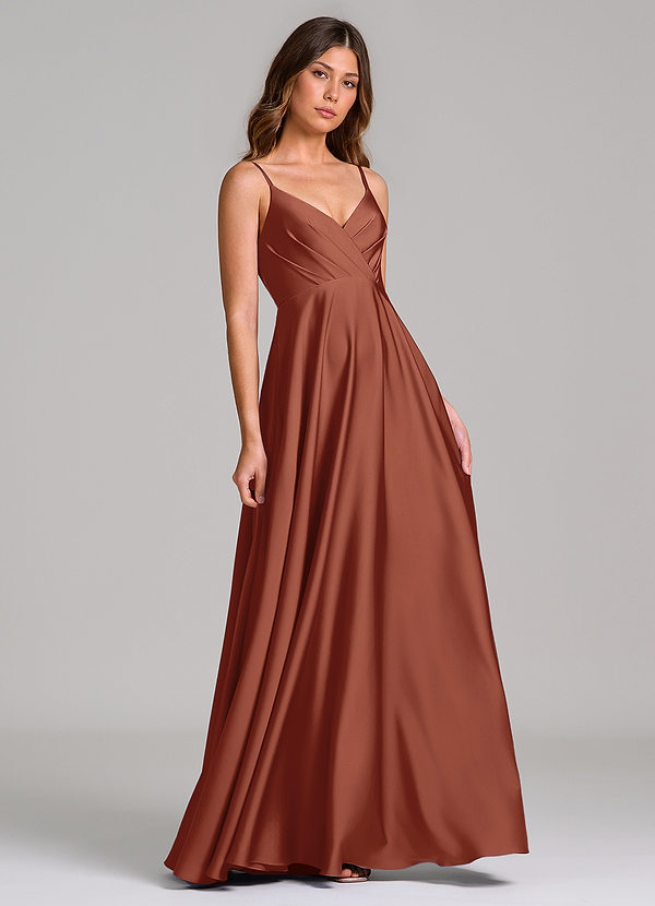 Azazie Amani 신부 들러리 드레스 A라인 주름진 스트레치 새틴 바닥 길이 드레스 image1