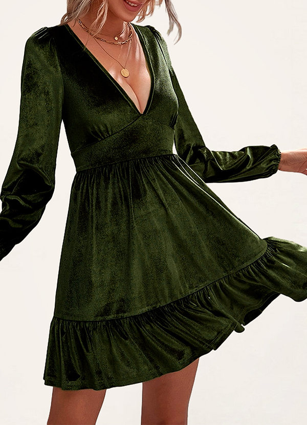 Army Green Noma Army Green Velvet Long Sleeve Mini Dress Dresses | Azazie