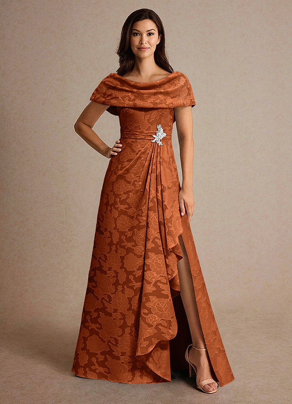 Azazie Branford Mother of the Brides Dresses Burnt Orange A-Line Pleated Floral Burnout Dress image1