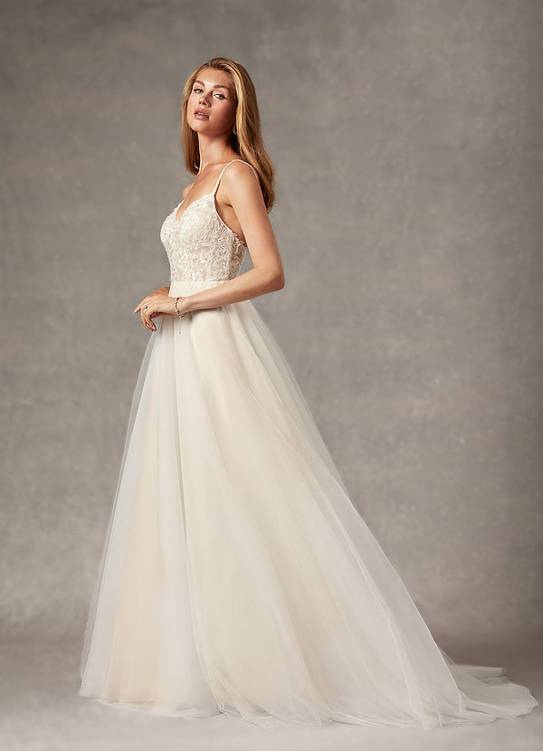 Azazie Tatiana Vestidos de Novia Vestido de Blanco Diamante Nude de Tul de Corte en A con Lentejuelas cuello pico image1