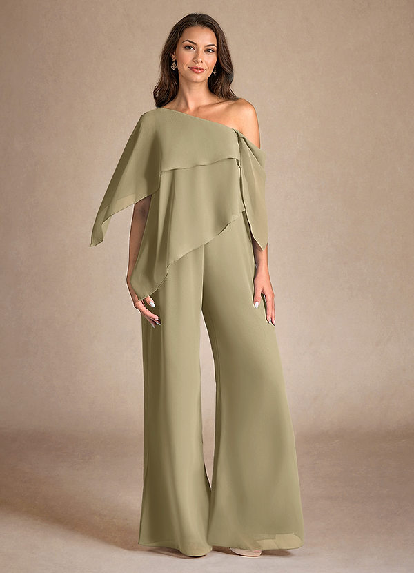 Azazie Halima Vestidos de Madre de la Novia Vestido de Musgo Verde de Gasa de Mono/Traje de pantalón con Corte Lateral image1