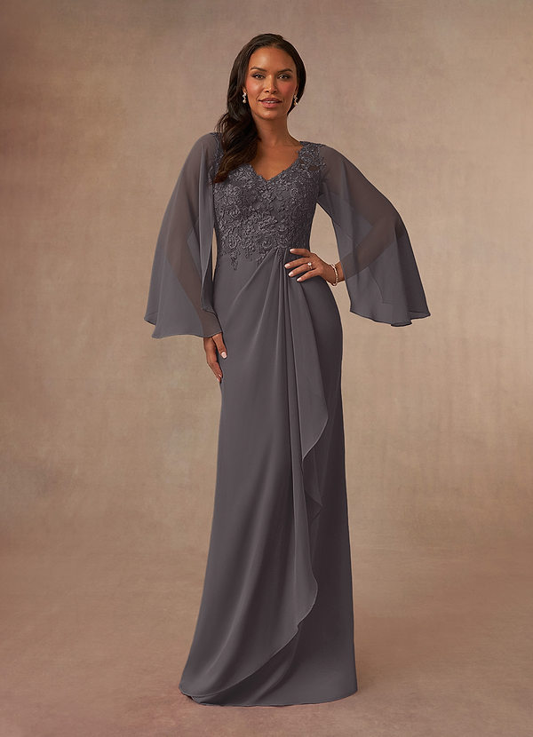 Azazie Perry Mother of the Brides Dresses Steel Grey Mermaid V-Neck Lace Chiffon Dress image1