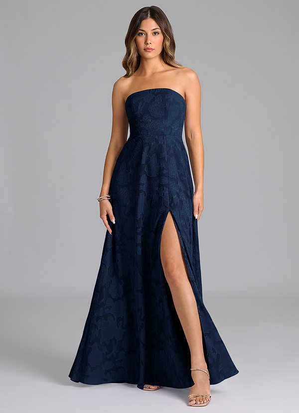 Azazie Wren Bridesmaid Dresses Dark Navy A-Line Strapless Floral Burnout Dress image1