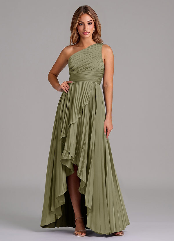 Azazie Lyrica Bridesmaid Dresses Pistachio A-Line One Shoulder Stretch Satin Dress image1