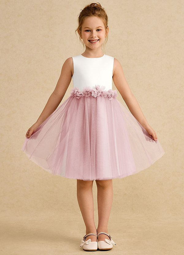 Azazie Louisa Robes de Fillette d'Honneur Robe Trapèze en Tulle Sans manches Ivoire Rose Poudré image1