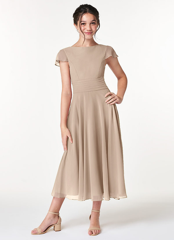 Azazie Payton Junior Taupe A-Line Bow Chiffon Dress image1