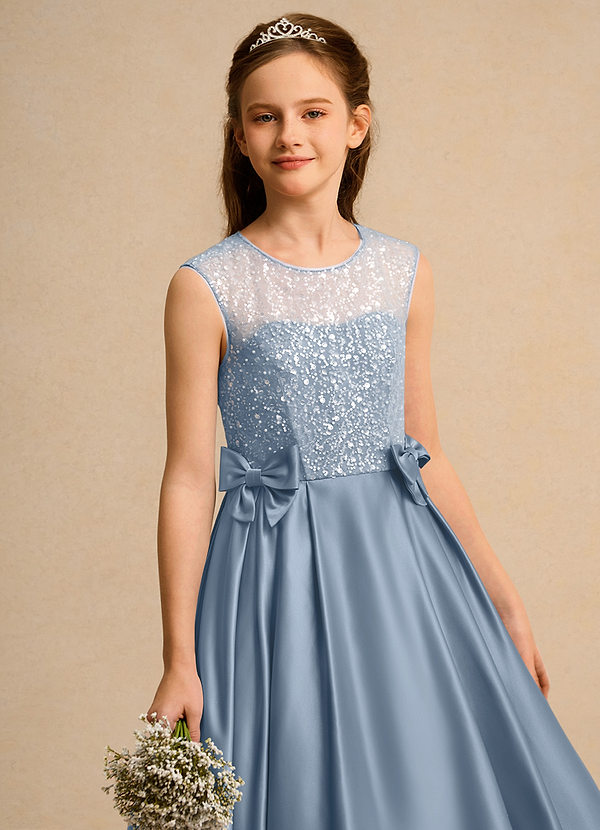 Azazie Candy Girl Blumenkinder Kleider Ballkleid Schleifen Matte Satin Kleid Staubblau image1