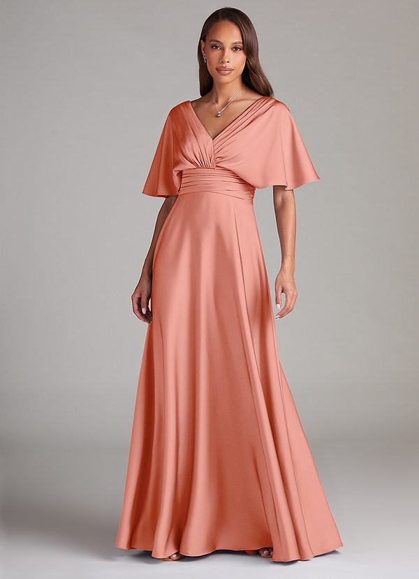 Azazie Pamela Robes Demoiselle d'honneur Robe Trapèze en Satin extensible Plissée Corail image1