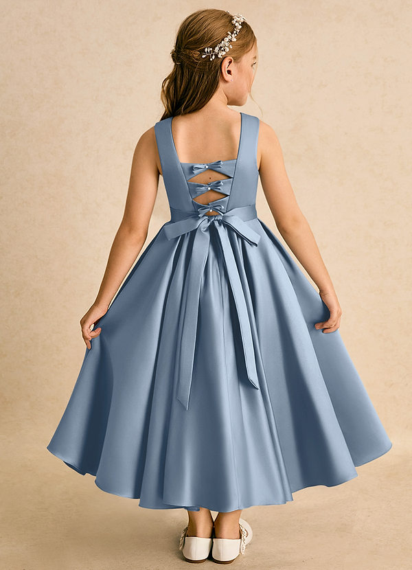 Azazie Junebuj Robes de Fillette d'Honneur Robe Princesse en Mat Satiné Plissée Bleu Poussiéreux image1