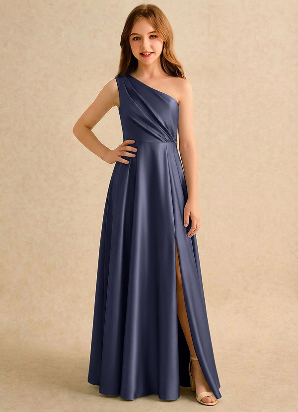 Azazie Puddles Girls Formal Robes de cortège enfant Robe Trapèze en Satin extensible Asymétrique Bleu Orageux image1