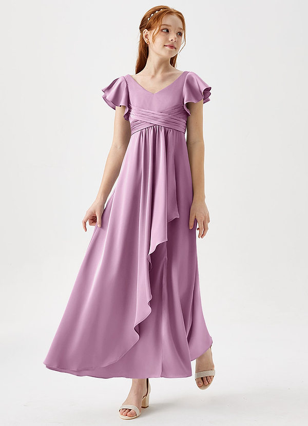 Azazie Omari Junior Wisteria A-Line Pleated Stretch Satin Dress image1