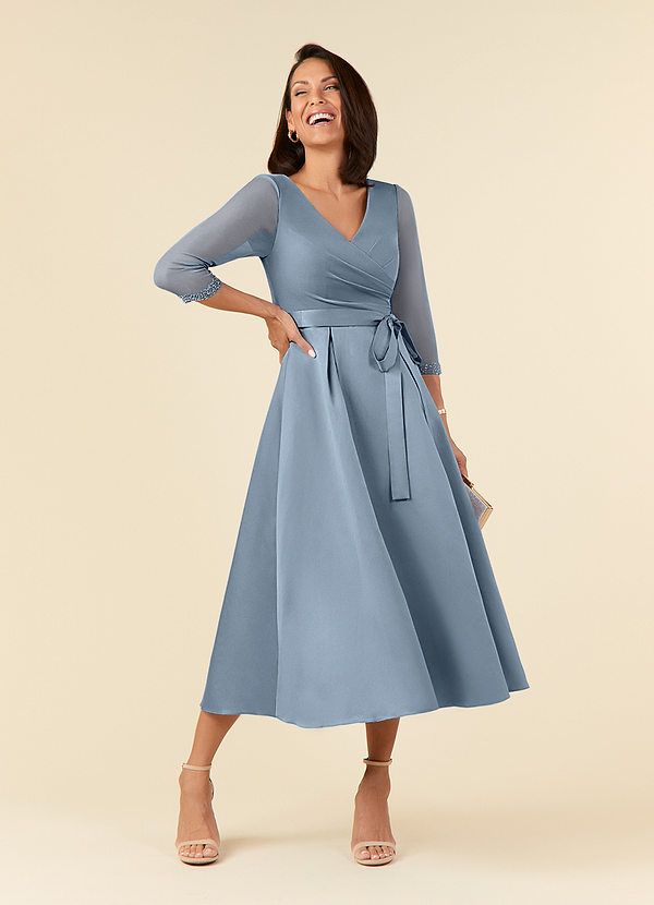 Azazie Maritza Mother of the Brides Dresses Dusty Blue A-Line Pleated Matte Satin Dress image1
