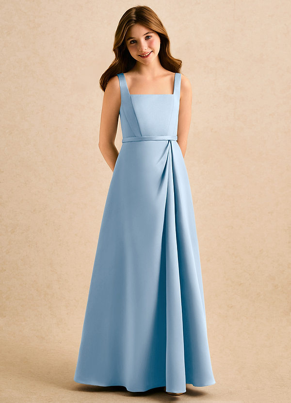 Azazie Emiko Girls Formal Abiti da Damigella Bambina Abito A-Line in Raso Opaco Plissettato Azzurro Polvere image1