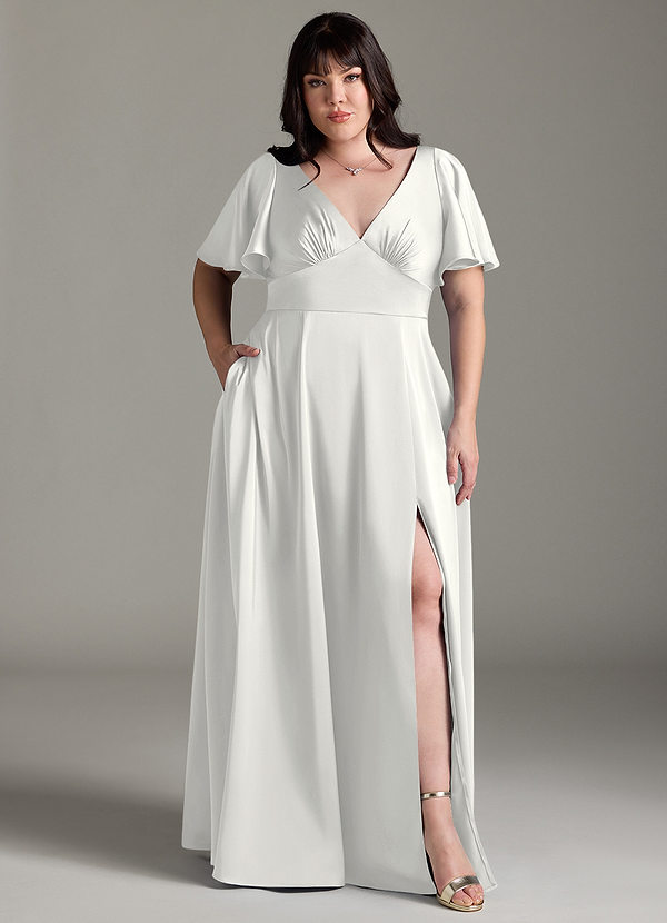 Azazie Kimber Bridesmaid Dresses White A-Line Ruched Stretch Satin Dress image1