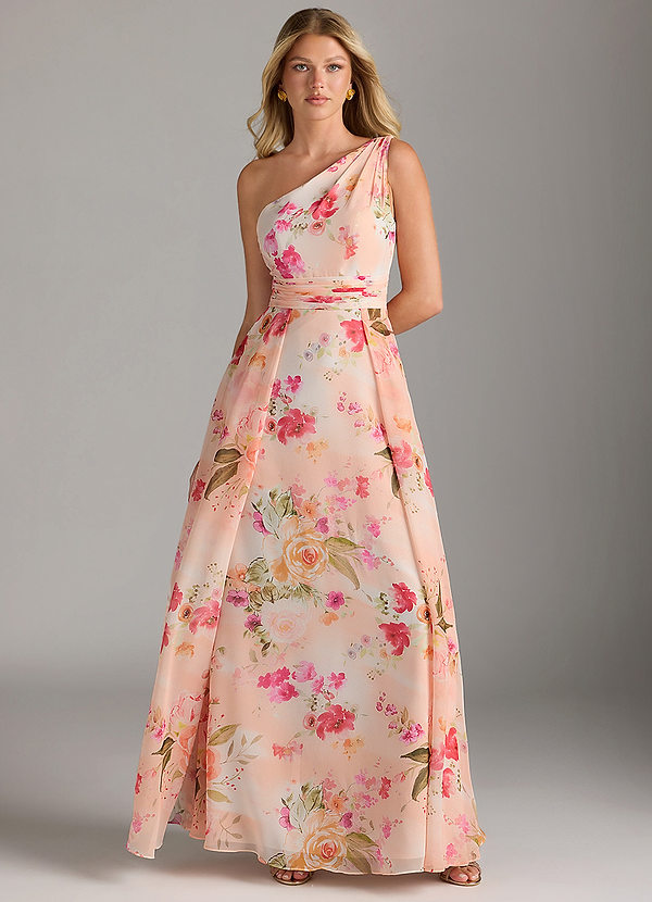 Azazie Dallas Bruidsmeisjes Jurken Jurk van Chiffon met A-Lijn One-Shoulder Abstract Boeket Bloemen image1