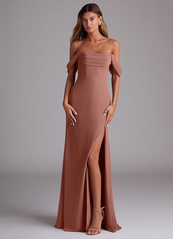 Azazie Saige Bridesmaid Dresses Cedar Rose A-Line Off the Shoulder Chiffon Convertible Dress image1
