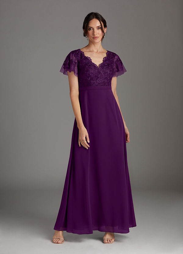 Azazie Singer Mother of the Brides Dresses Grape A-Line V-Neck Lace Chiffon Dress image1