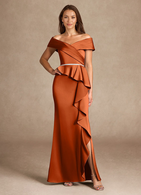 Azazie Dareia Mother of the Brides Dresses Burnt Orange Mermaid Off the Shoulder Stretch Satin Dress image1