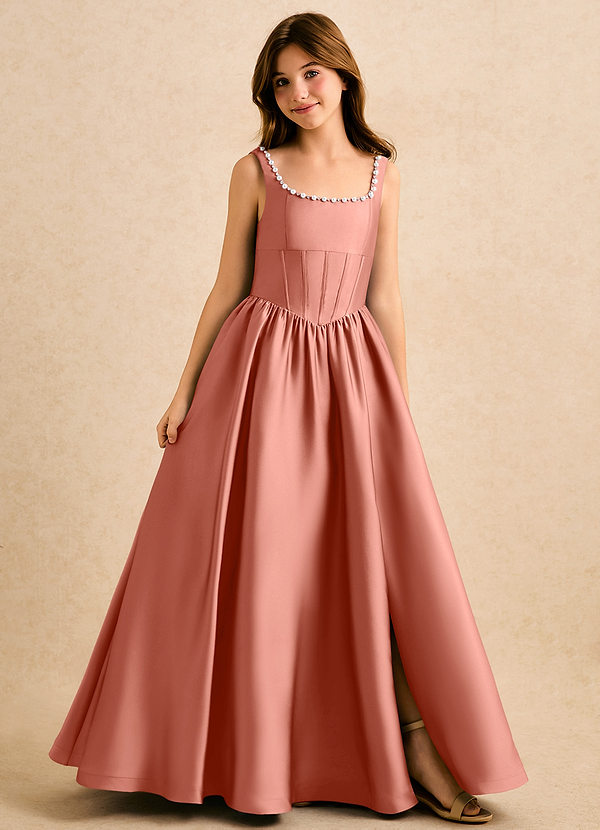 Azazie Enid Girls Formal Flower Girl Dresses Salmon Pink A-Line Beaded Stretch Satin Dress image1