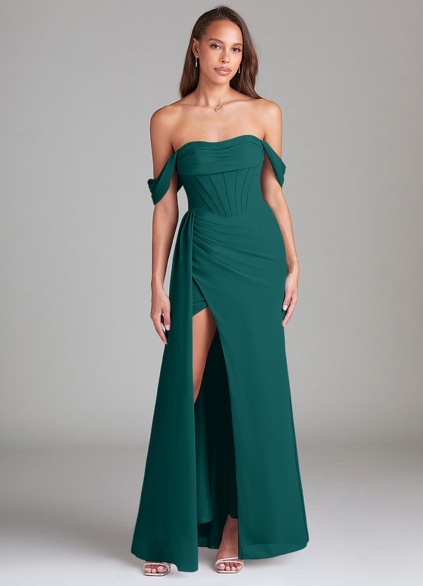 Azazie Amyra Robes Demoiselle d'honneur Robe Fourreau Convertible en Mousseline de soie Épaule décolletée Paon image1