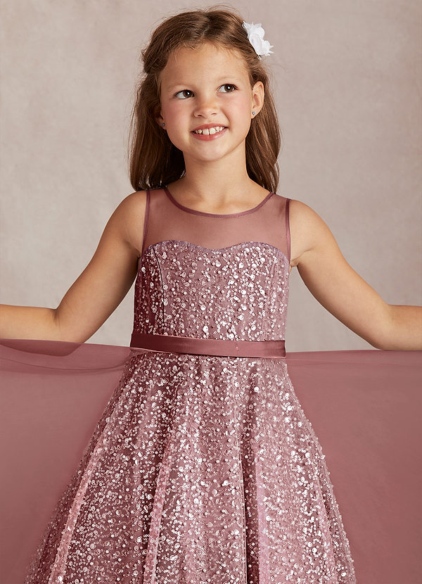 Azazie Siwa Sukienki dla dziewczynek sypiących kwiaty Linia A Zroszony Tiul Długość kostki Sukienka image1