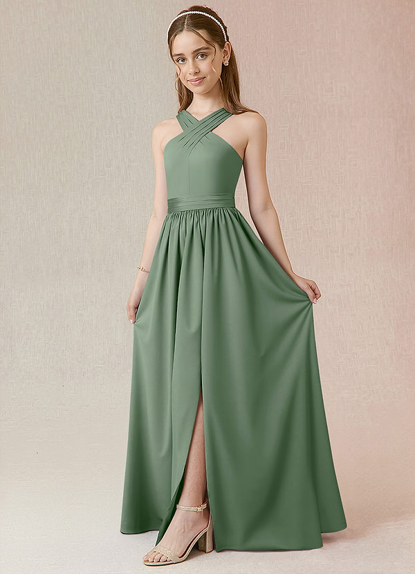 Azazie Jiya Junior Vestido Matchá de Cetim elástico de Linha A com Plissado image1