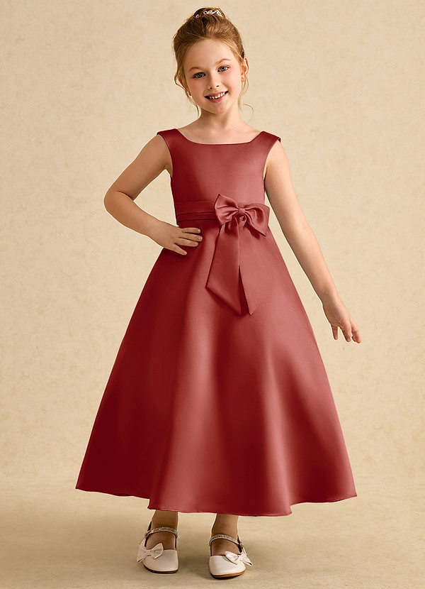 Azazie Eve Abiti da Ragazza di Fiori Abito A-Line in Raso Opaco Plissettato Terracotta image1