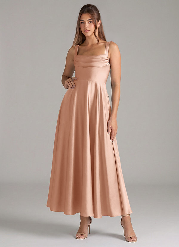 Azazie Shaude 신부 들러리 드레스 A라인 주름진 스트레치 새틴 발목 길이 드레스 image1