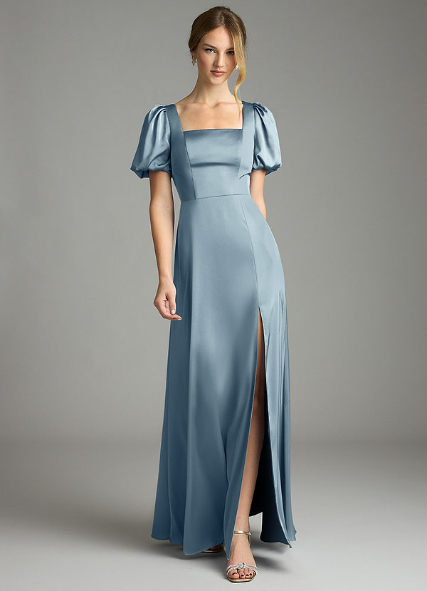 Azazie Fyona Bridesmaid Dresses Dusty Blue A-Line Pleated Stretch Satin Dress image1