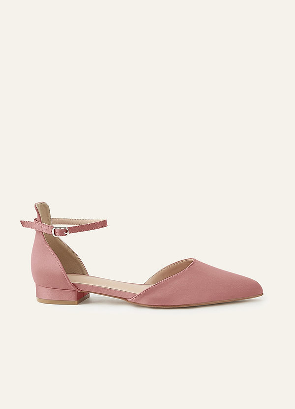front Matching Color Matte Satin Pointed Toe Ankle Strap Block Flat Pumps
