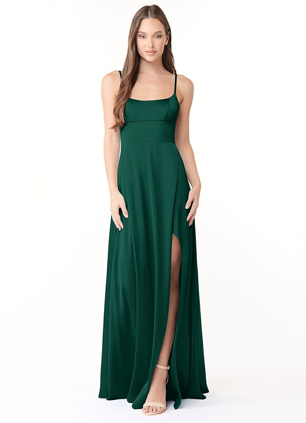 Azazie Halsey Bridesmaid Dresses Emerald Sheath Side Slit Stretch Satin Dress image1