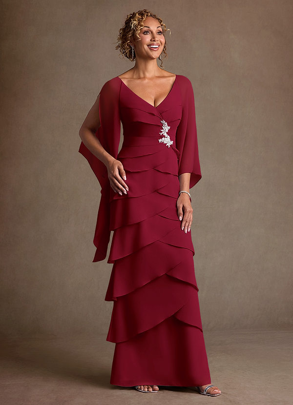 Azazie Arabinda Vestidos de Madre de la Novia Vestido de Borgoña de Gasa de Corte Recto con Volante image1