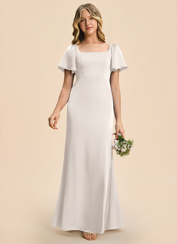 Azazie Chace Junior White Alabaster Sheath Stretch Satin Dress image1