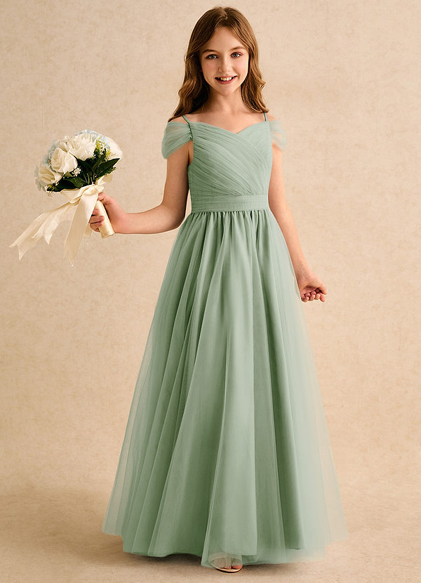 Azazie Yuna Junior Formal Flower Girl Dresses Dusty Sage A-Line Off the Shoulder Tulle Dress image1