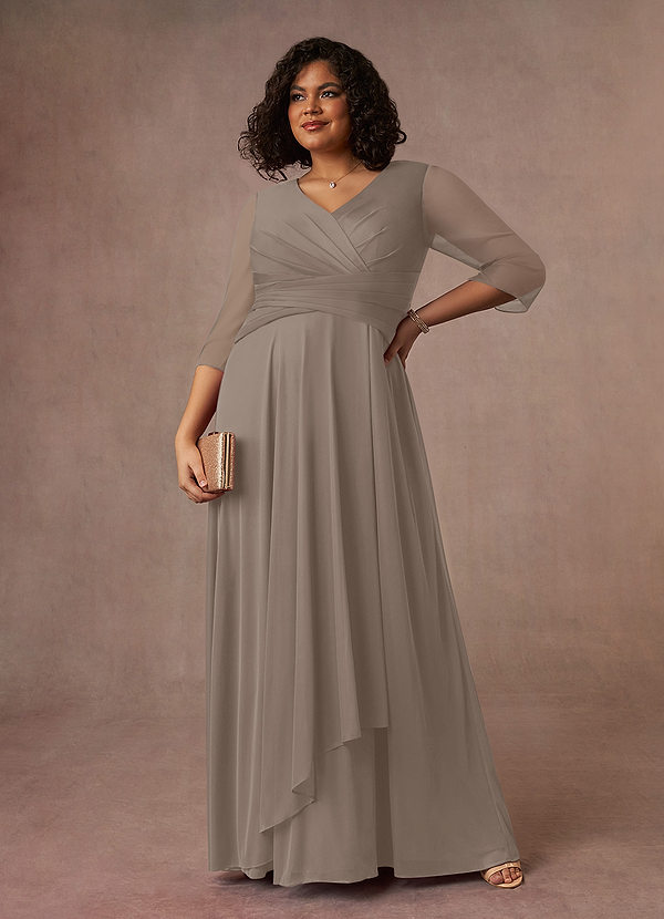 Azazie Annetta Robe Mère de la Mariée & du Marié Robe Trapèze en Maille Col en V à manches longues Taupe image1