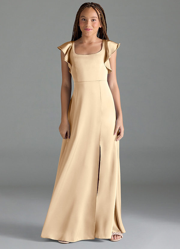 Azazie Bondi Junior Champagne A-Line Side Slit Stretch Satin Dress image1