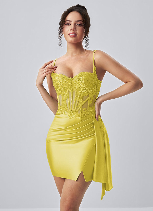 Calisthenia Yellow Stretch Satin Corset Lace Rhinestones Mini Dress image1