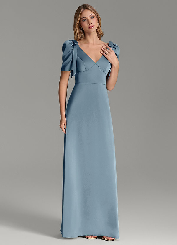 Azazie Asher Robes de demoiselle d'honneur Robe Trapèze en Satin extensible Avec poches Bleu Poussiéreux image1